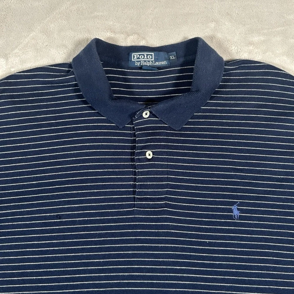VTG 90's Polo Ralph Lauren Polo Shirt Men XL Navy Blue Striped Long Sleeve Rugby
